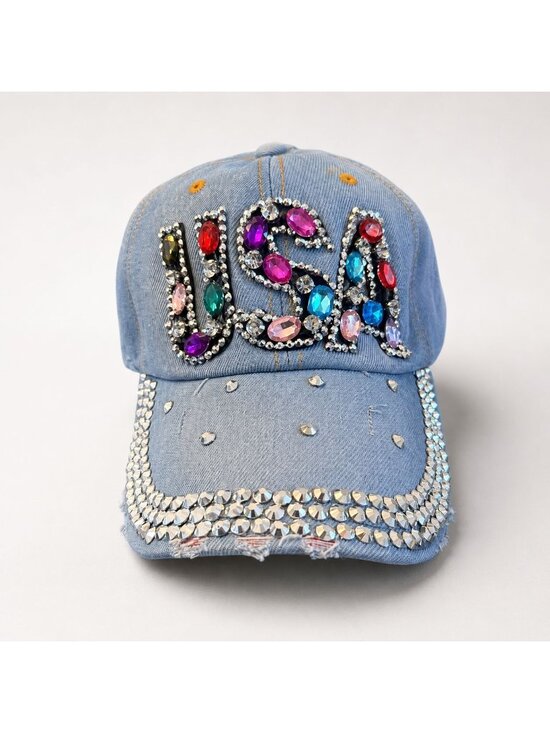 USA Dopamine Rhinestone Baseball Cap Denim Patriotic Glam Hat America 250 Festiv main image 12